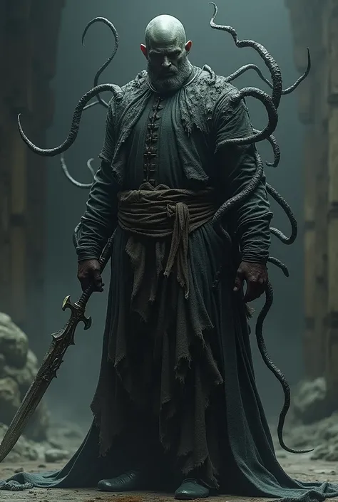 Create a father of about 30 years of age with medieval clothes capable of creating tentacles from his back using black slime on his body and who holds a poisonous short sword 