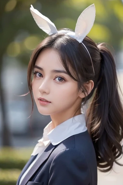   Brownish Black Hair  ,  dark eyes,  white skin,  face like a goose egg , atmospheric facial features ,  tall , Confident、Powerful,  toned and plump,  high school girl,  school uniform, Curly Hair, Hair Bun, With hairpin, Red Rose, Blue Butterfly, White R...