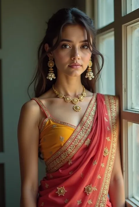 Generate me an Indian teen girl in saree with downblouse the girl should be fair and lean and show her cleavage 