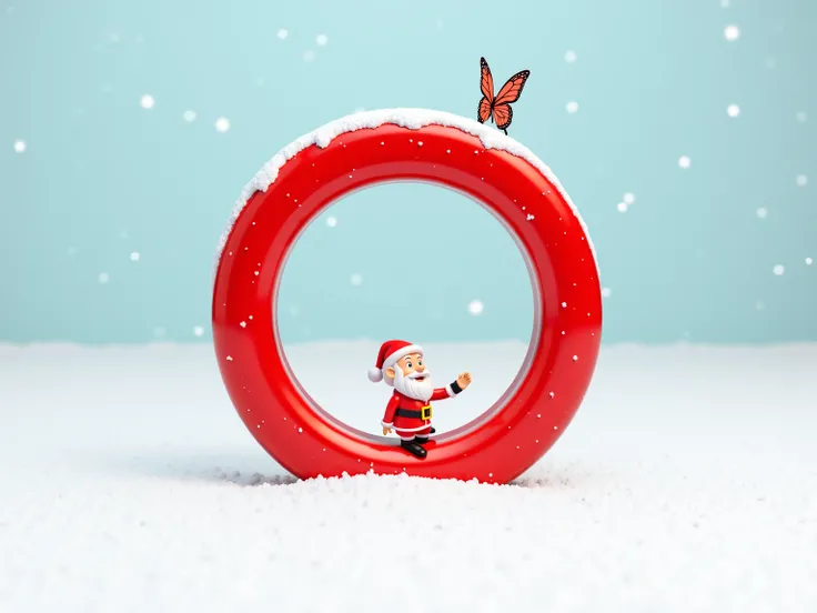 A red circle in the shape of a small 3D ring with Santa Claus sitting on top of it and holding a butterfly in his hand in the middle of the snow