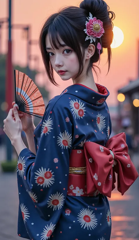 masterpiece,Summer Festival ,Alone, Japanese woman holding fan,light makeup,A dignified appearance,yukata姿,Black Hair,((put her hair up)),Soft dark blue ,fireworks pattern,A simple vermilion band ,She has fans ,yukata( Very Thin Fabric , soft texture , Lig...