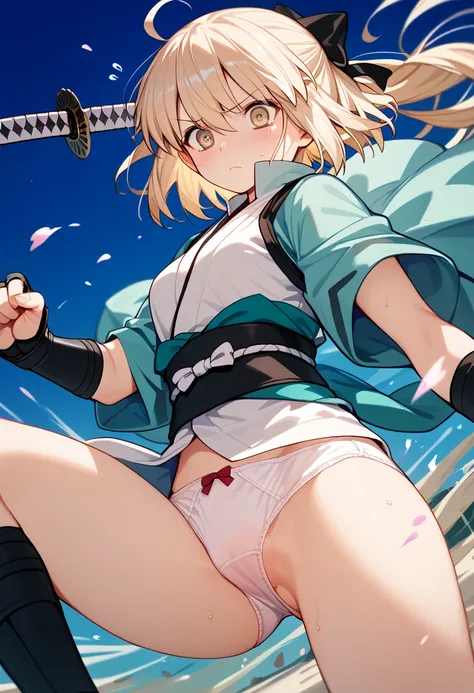 1girl,in the KYOTO,wholebody,(((fighting with katana,cute plain panty, Dignified expression , gallant ,stare,in heat))),blondehair girl,((( panty shot))),enjoy,break, Okita Souji, (((blonde_hair))),(fate),  (((shy,enjoy))) ,happy,very satisfied