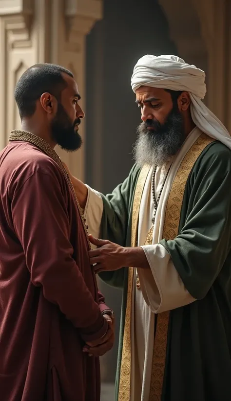 (Islamic) Sheikh Saadi places his hand on the wealthy man’s shoulder, speaking with wisdom and sincerity. The wealthy man now appears humbled, lowering his gaze in realization.
