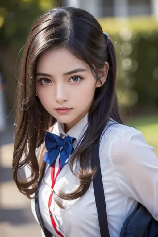   Brownish Black Hair  ,  dark eyes,  white skin,  face like a goose egg , atmospheric facial features ,  tall , Confident、Powerful,  toned and plump,  high school girl,  school uniform, Curly Hair, Hair Bun, With hairpin, Red Rose, Blue Butterfly, White R...