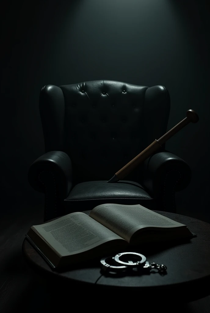 A dimly lit room with a black leather armchair, a riding crop resting on its arm, and a table holding handcuffs and an open notebook.