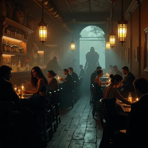 An old fashioned bar full of a mixture of monsters, supernatural creatures and enitities