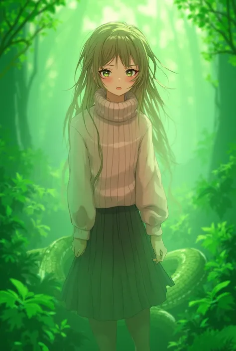  Thin anime snake girl with brown hair and green eyes , wears a pink sweater and a black pleated skirt .  She is a snake and has green snake scales all over her body. She is standing in the forest .