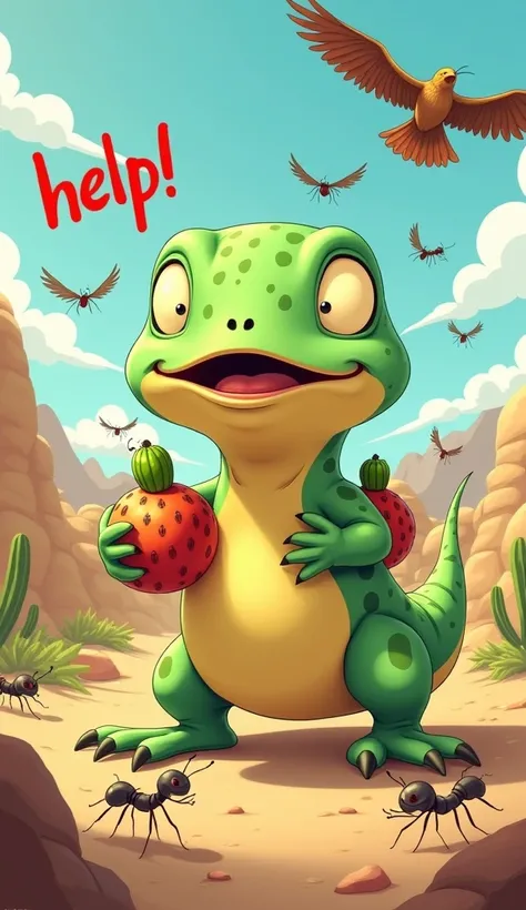 A small cartoon Lizard (A light green with a yellow belly,dark green spots , chubby, sleepy lizard with droopy eyes, short legs, and a laid-back, carefree vibe.) is panicking and carrying cactus fruits,and ants swarm around him, and a hawk circles overhead...