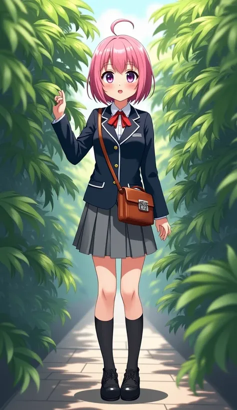 Animated teenage woman short pink hair and purple eyes wearing school blazer dress with shoulder bag crossed over shoulder and gray skirt and black socks And black leather shoes is touching ficus leaves elastic and clinging against the face with happiness ...