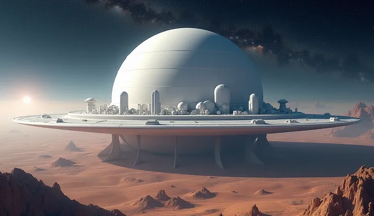 In the foreground, a sleek, a round planet with white futuristic buildings, On this occasion you are going to make a drawing of a planet divided into 3 new ones. You are going to geographically locate different cultures created by you. One that is desert, ...