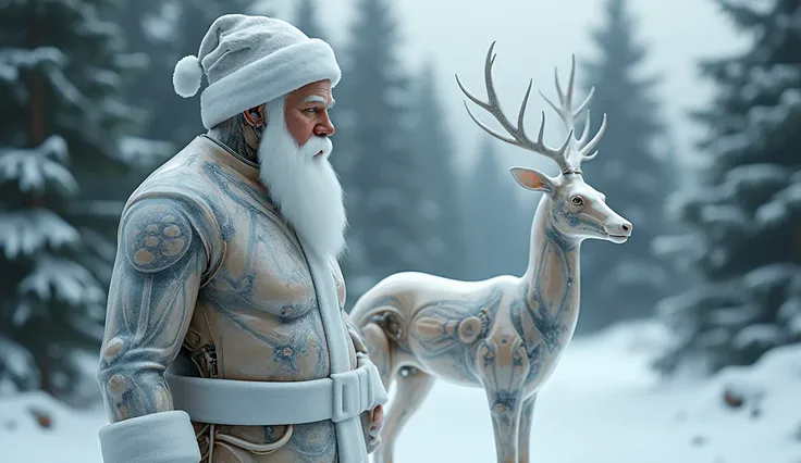 Create an image. Side view of Santa Claus and Landia deer, transparent porcelain, anatomical mechanical parts, made of carbon, with cables, studio shot, background of fir trees, snow, clear air, octane display, real engine, very detailed, light distributio...