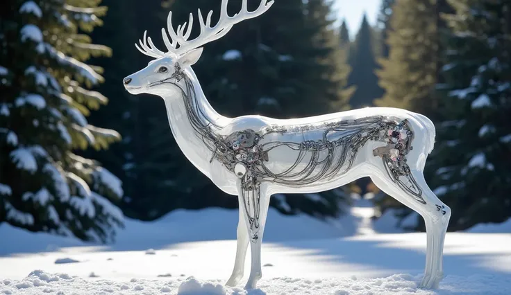 Create an image. Side view of Santa Claus and Landia deer, transparent porcelain, anatomical mechanical parts, made of carbon, with cables, studio shot, background of fir trees, snow, clear air, octane display, real engine, very detailed, light distributio...