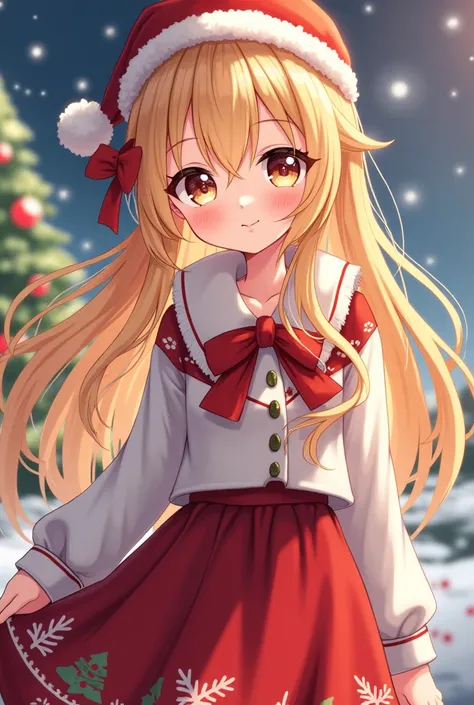  anime girl image ,  Christmas costume,  long yellow hair 