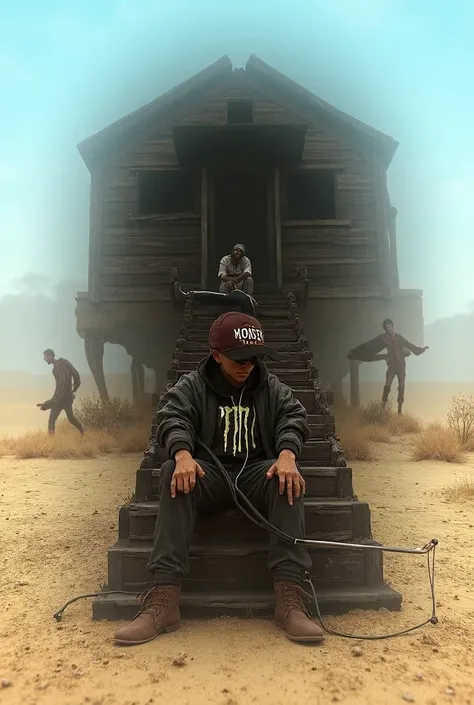 A young man dressed in rap clothes with the Monster sign and a hat with the Muenster sign in a desert sits on the ground and behind him an abandoned wooden house sits on the stairs of the house made of wood The weather is day and the brightness of the sun ...