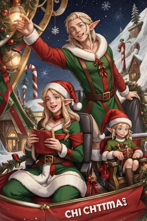 Create a Christmas card , in which an elf congratulates you on Christmas .  Behind the elf goes a roller coaster ride