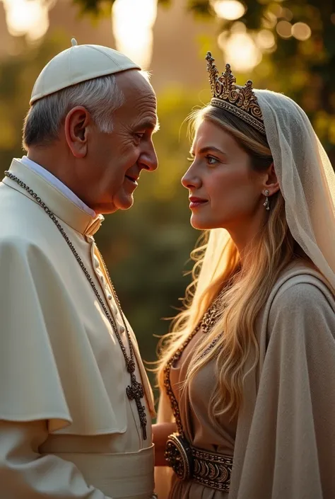 
Side view, 2 standing face to face ,Roma Pope of Francis, standing pose,  Society of Jesus  87-age,  smile ,(White hair, serious,  metal cross), tiara, Catholics Pope wear, Melanie Laurent,  golden hair, middle hair, little diary face, serious, ancient Je...