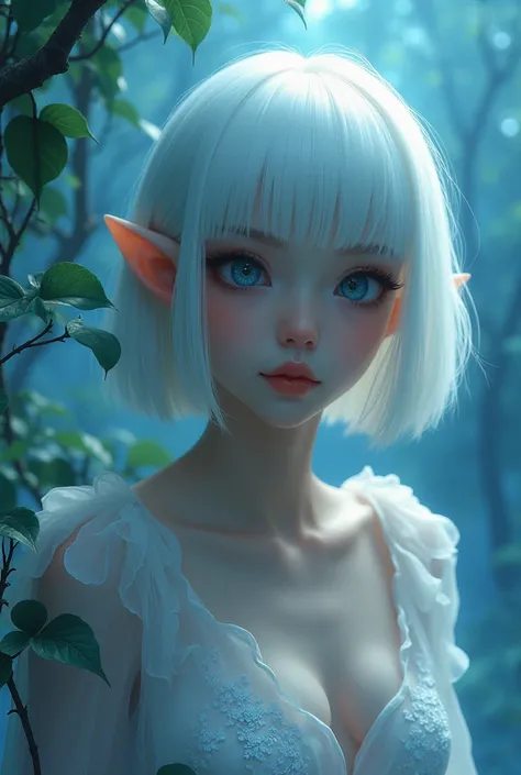 from below, cool beauty elf ( look like an impa and an angry woman ) , sensual and slutty facial expression , yandere, Evil smile, smirk, obscene smile, huge mouth , breathtaking big round eyes , iridescent pure white shiny silky bob haircut , blunt bangs,...