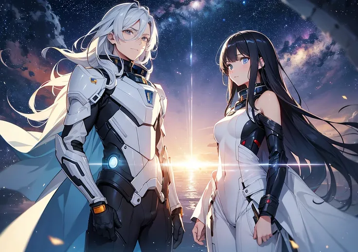 A beautiful girl and a handsome boy stand against the backdrop of an endless galaxy. The beautiful girls shoulder-length silver hair sparkles, reflecting the glow of space. Her eyes are deep blue and twinkle with a star-like light, and she is wearing a sle...