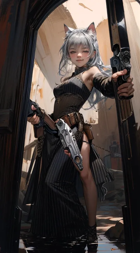 ((masterpiece:1.2)), (( top quality :1.2)),  one girl ((Cat ears, Gun Girl , ( blue eyes,  smiling with eyes half closed ), (Shes the muzzle of the revolver pistol is pointing at us.:1.5), Dressed like a gunfighter in a western movie, like a gunman,  full ...