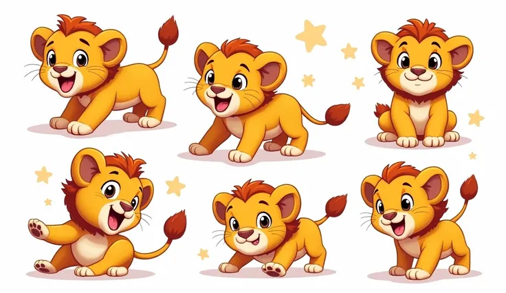 create a comic style lion cub character sheet different poses white back ground