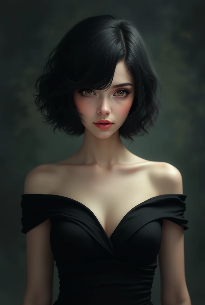 A gorgeous girl with short black hair and hazel brown eyes. Wearing a marvelous black dress. Dark aesthetic.