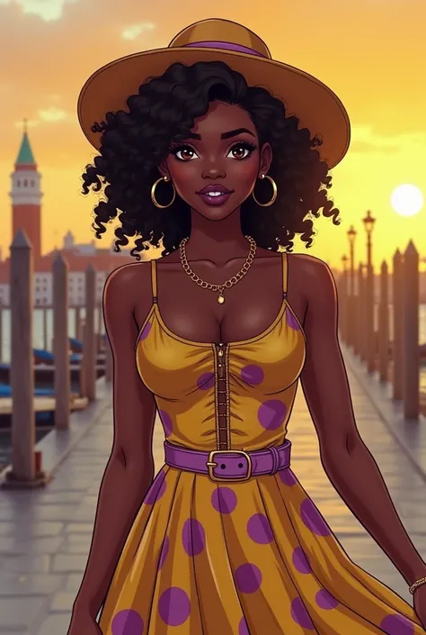 score_9, score_8_up, score_7_up, Western Comics, Cowboy Shot, cute black girl, african, cute, seductive, innocent, light smile:0.3, plump lips, slender body, purple makeup, colorful dress, yellow&purple theme, purple and yellow:0.85, dawn, vibrant color, V...