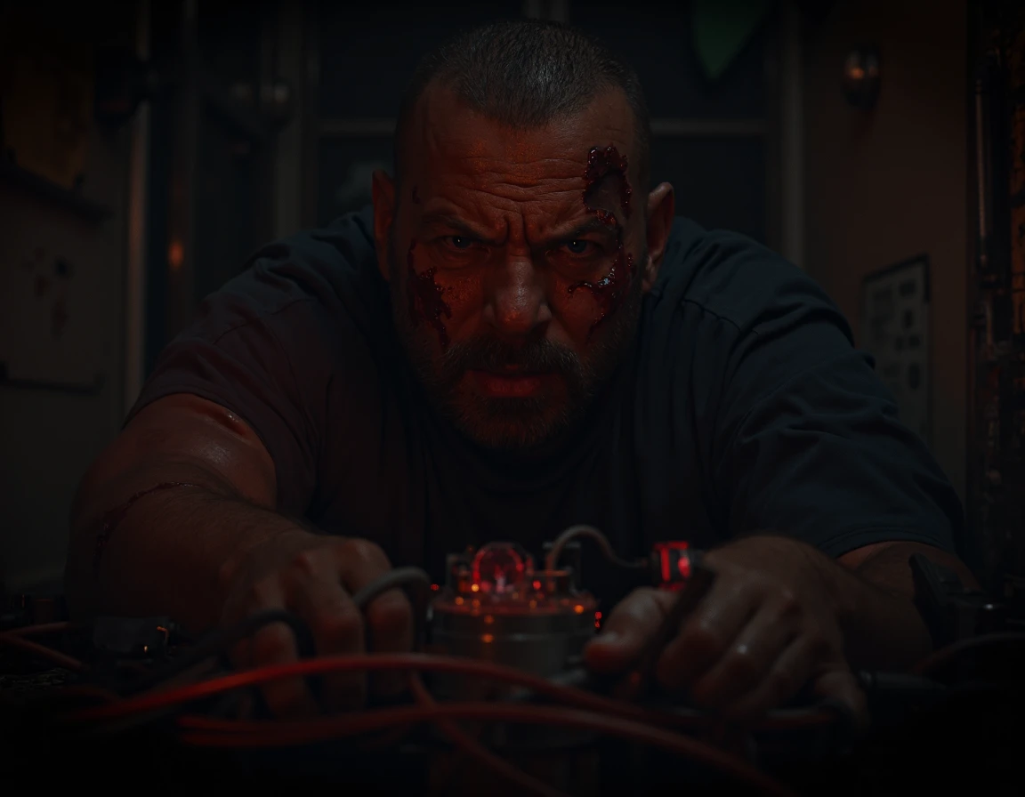  A wounded and bloodied man in a dark room full of cables and a digital timer flashing red,  with a determined look as he manipulates the bomb . The man is Bruce Willis 