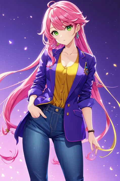 1girl, medium breast, anime screencap, pink hair, french braid, curly hair, long hair, high quality, Athletic Female Physique, green eyes, glowing skin, (masterpiece:1.2), wearing a casual yet stylish outfit. She is dressed in a mustard blue blazer with ro...