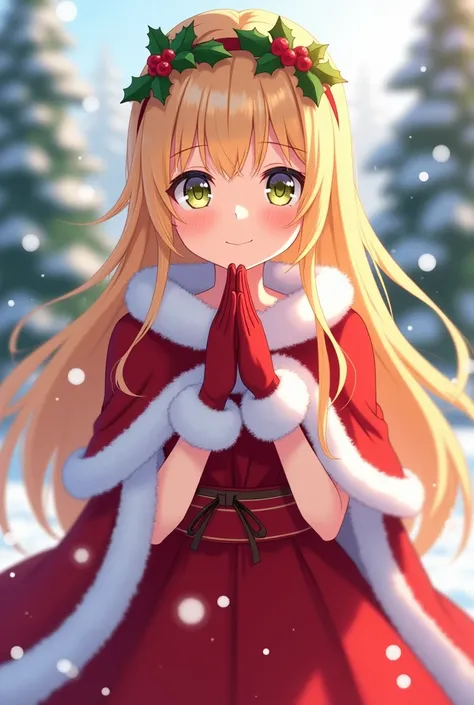  anime girl image, ,  Christmas costume,  long yellow hair 