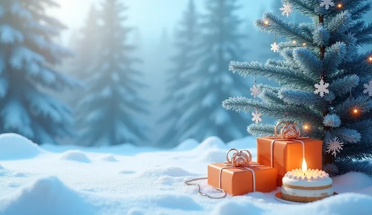 on the right is a blue fir branch with a garland and snowflakes,  under the branch orange gift boxes , next to the cake with a candle ,  on the left is an empty field for half of the picture 