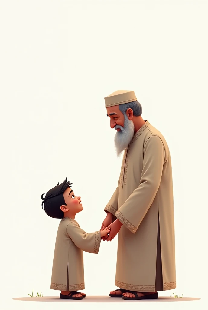 A Muslim grandfather and his grandson with a white background
