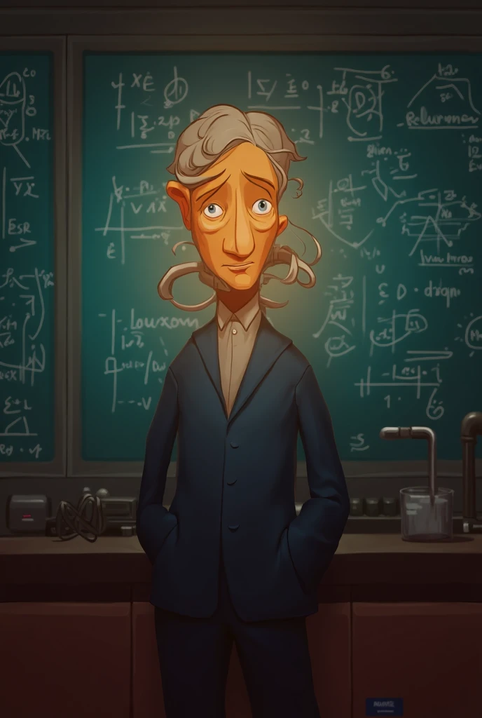 Create a Fortnite-style cartoon character resembling Stanislaw Ulam, a Polish-American mathematician and physicist, in a mid-20th century setting. He is standing in front of a chalkboard filled with complex mathematical equations and diagrams, representing...