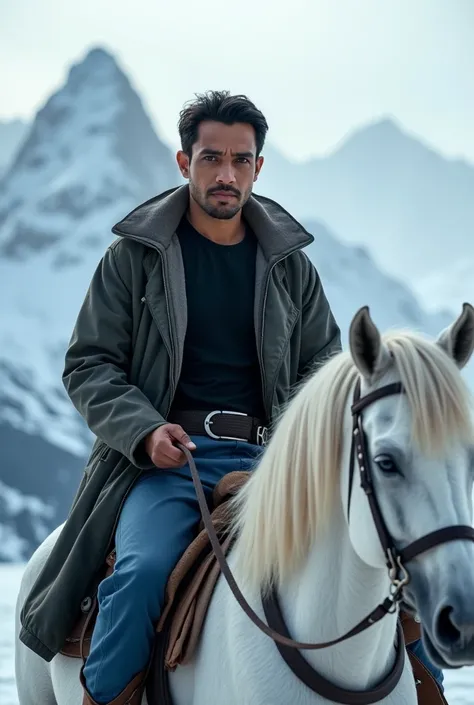 realistic :  a handsome Indonesian man 40 years old  , wear a black t-shirt  , wear blue genie pants  ,wear a thick jacket  ,wear shoes ,sitting on a big white horse on a mountain of snow 