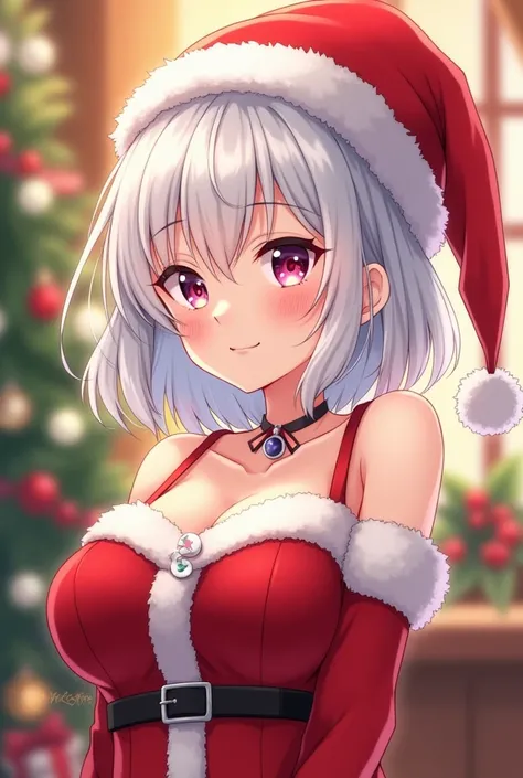  anime girl image, 18 years old,  Christmas costume, short white hair ,  medium large breasts 