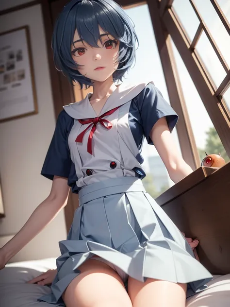 ( table top in bed,  top quality ,  very detailed, 8k, ), ((perfect hand)), (( Perfect Anatomy)),  moderate chest opening ,  concrete ruins、  (( charming anime girl )), ((Rei Ayanami)), ((short dark blue hair :1.5)), beautiful detailed face、Look at viewers...