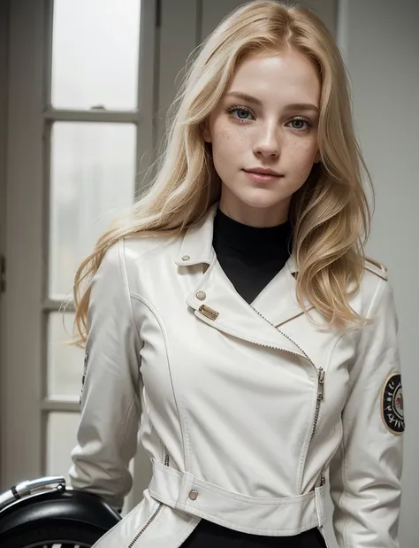 Women, American, 25 ans, pale skin and freckles, , delicate nose, soft and delicate lips , loin, waist length wavy blondie hair, Gentle smile, visage avec des traits de visage féminins délicats, hautement rendu, white motorcycle jacket with patches, pull n...