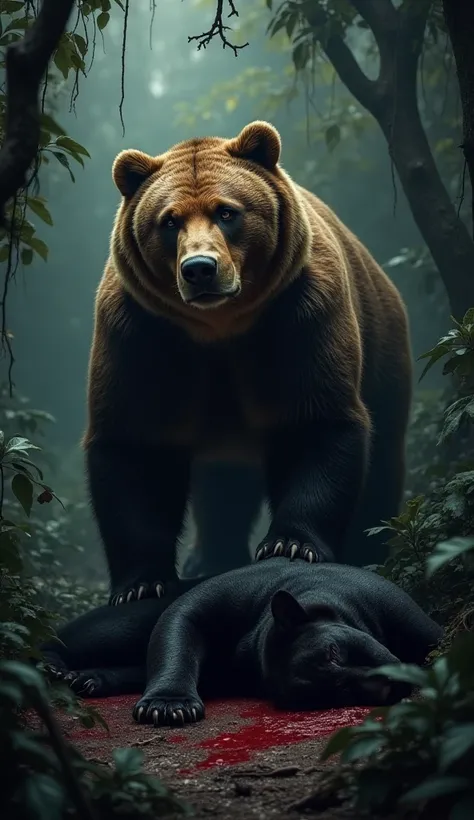 **Modified Prompt:**  
"A Kodiak bear towers over the lifeless body of a black jaguar in a dark, dense jungle setting. The jaguars sleek, glossy black fur is marred with streaks of blood, and its body lies motionless amidst the thick foliage and scattered ...