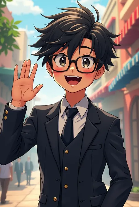 high quality, 8K Ultra HD,a boy with messy fringe black hair,black glasses with art suit.anime art.waving hand