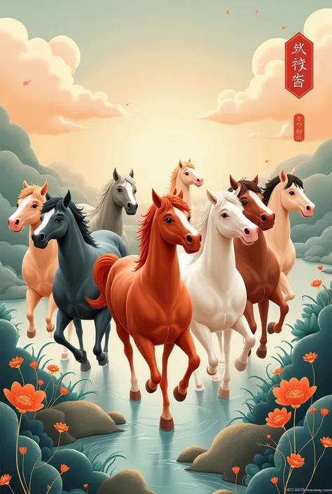 draw a chinese painting of seven horses returning successfully in a funny style with the words "mai deo thanh cong" in vietnamese