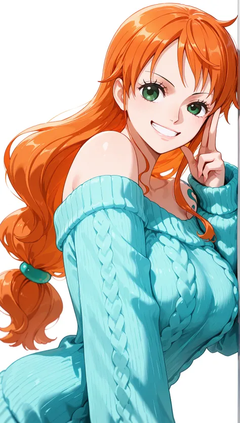 score_9, score_8_up, score_7_up, intricate details,
1girl, Nami, one piece, orange hair, slight wavy hair, low-tied long hair, green eyes, oversized knit sweater, off-shoulder, wink, grin, v 