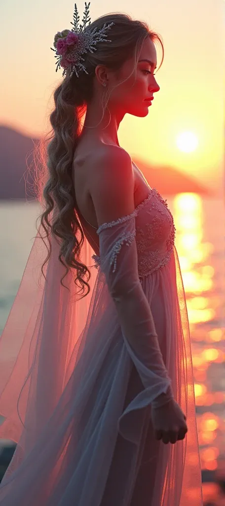 high quality, 8K Ultra HD, A beautiful double exposure that combines an goddess silhouette with sunset coast, sunset coast should serve as the underlying backdrop, with its details incorporated into the goddess , crisp lines, The background is monochrome, ...