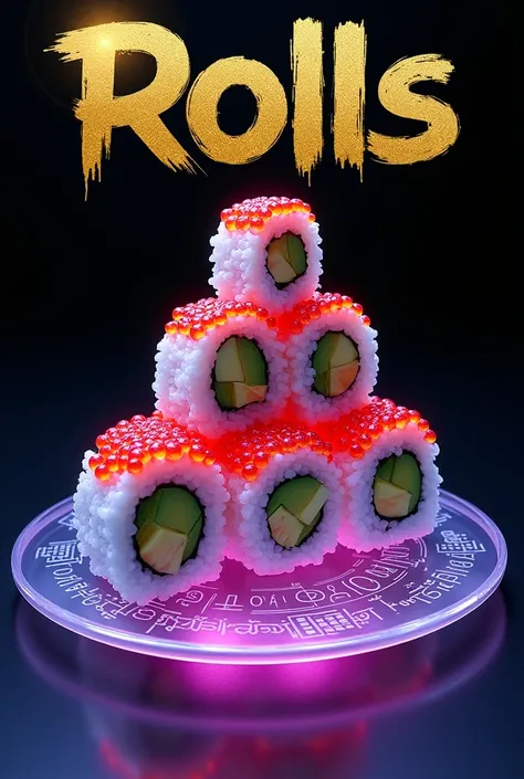 A bold, futuristic magazine cover. At the center, a surreal stack of oversized sushi rolls, featuring neon-red glowing caviar and vibrant green avocado slices, arranged in a visually dynamic and artistic composition. The rolls rest on a levitating, semi-tr...