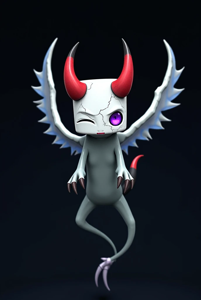  is a fantastic creature , resembling a cube with wings. he has horns ,  painted red with black tips. . The wings are white with a bluish tint .  The creatures face has cracks , and one eye is closed ,  the other is open and purple . The background is dark...