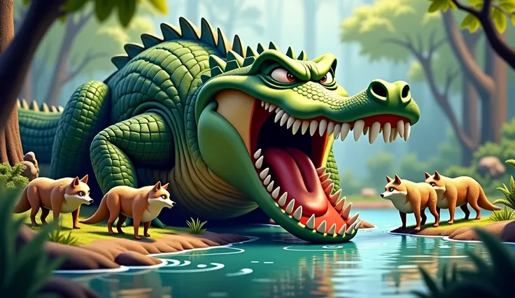 A fierce 3d cartoon crocodile with its massive jaws wide open, growling at a group of startled wolves standing hesitantly on the edge of the pond.
