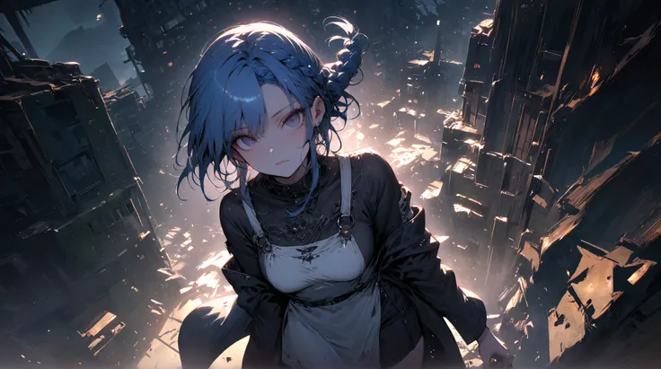 One girl, high quality, thighs visible, looking at viewer,dynamics angle, black eyes, blue hair, braids hair, tunic, overalls, abandoned factory background, deep night, light streaksbokehDark fantasy style,sfw