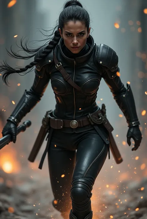 Ferocious, female modern warrior, charging, dark hair tied in single neat braid, many lit particles in surrounding, full body leather armour, Holding large sword, swag