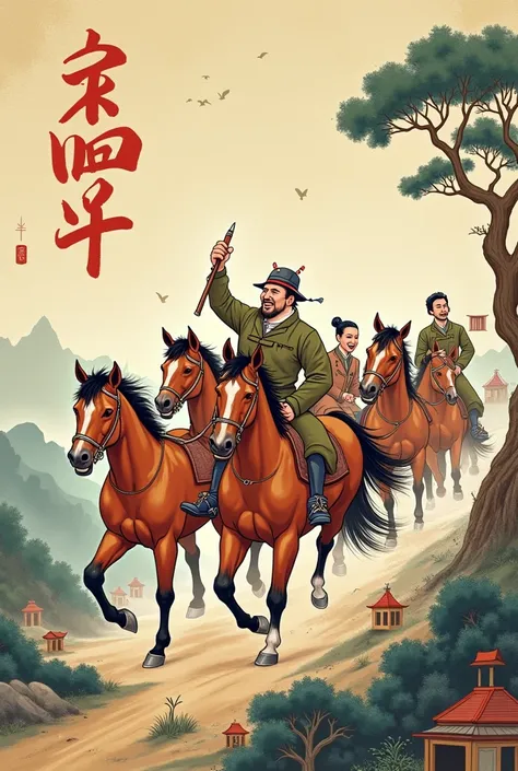 redrawing the Chinese painting of seven horses returning successfully in a funny style with the words "forever unsuccessful" in Vietnamese