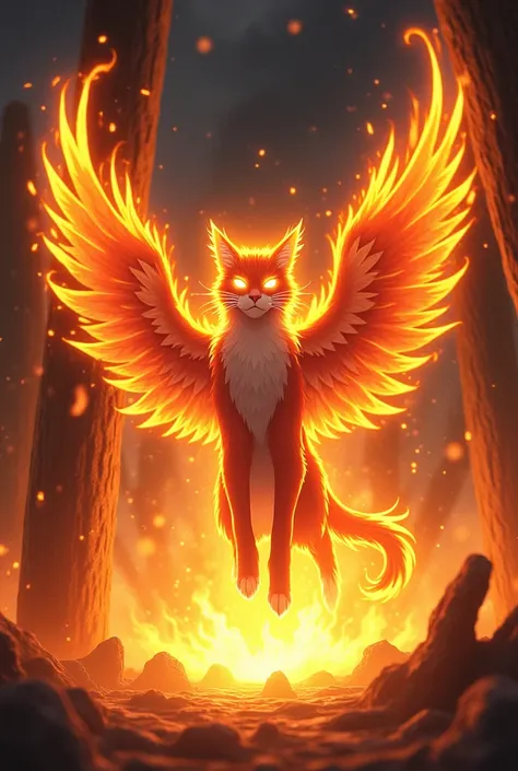 Anime format The cat in the form of a phoenix is ​​reborn from the ashes, in 
burning log house