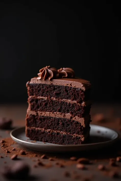 cinematic film still chocolate, chocolate cake, dark background, quality photo, moist texture, frosting, studio photo, slice . shallow depth of field, vignette, highly detailed, high budget, bokeh, cinemascope, moody, epic, gorgeous, film grain, grainy