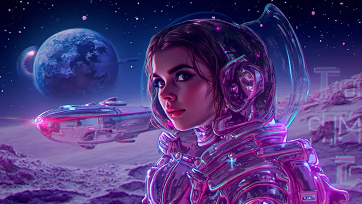 A vibrant and dramatic thumbnail featuring a sleek retro-futuristic spaceship soaring toward a glowing, cratered moon in the background. In the foreground, a beautiful woman with striking features is wearing a stylish, futuristic space suit, with glowing n...